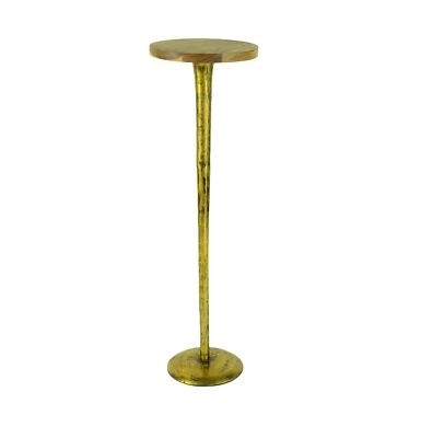 Slim Antiqued Brass Metal Accent Table Modern Wood Top Drink Stand Cocktail - Image 1 of 4
