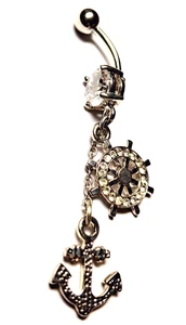 Bauchring Schiffsrad & Anker mit klarem Edelstein baumeln Marine Stahl  - Bild 1 von 3