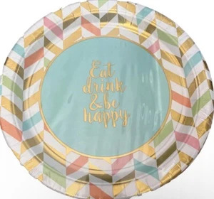 Party Plates Confetti 10 1/2in 8 Ct Eat Drink & Be Happy Birthday NEW Chevron - Picture 1 of 2