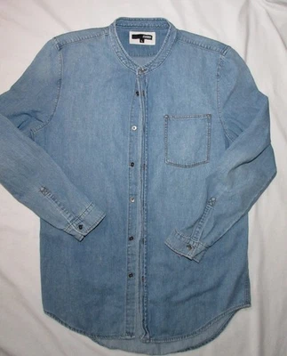 ELWOOD Men's Vintage Denim Long Sleeve Shirt LARGE 100% Cotton BAND COLLAR - Image 1 of 4