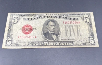 1928 C $5 USN Nota dos Estados Unidos Selo Vermelho CH MUITO BOM ESTADO / Circ fino #060 - Imagem 1 de 4