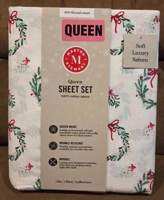 Juego de sábanas corona de Navidad colección navideña Queen Martha Stewart algodón nuevo con etiquetas  Foto 1 de 2