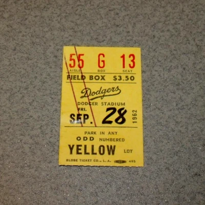 Talón de boleto de los Dodgers de Los Ángeles 28/09/1962 contra St. Louis Duke Snider golpe final con LA Foto 1 de 3
