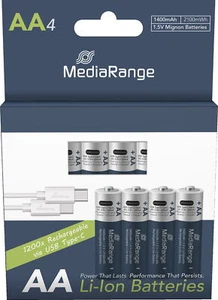 8 Mediarange Akku AA mit USB-C Anschluss Li-Ion Mignon 1.5V 1.400mAh Ladekabel - Bild 1 von 6