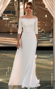 Simple Off-the-shoulder Sheath Sweep Train 3/4 Sleeve Modest Wedding Dress - Picture 1 of 3