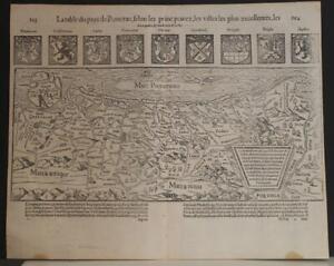 POMERANIA POLAND & GERMANY 1568 MÜNSTER UNUSUAL ANTIQUE MAP FRENCH EDITION