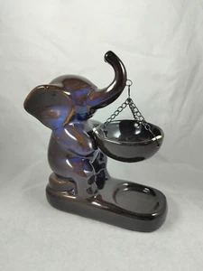 Ceramic Elephant w/Hanging Bowl Oil Burner/Diffuser Brown w/Royal Blue Base - Picture 1 of 4