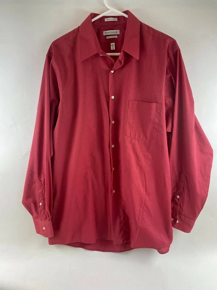 Van Heusen Men's Size 16.5 34/35 Pink/Red Long Sleeve w/ Pocket Stripe Button Up - Image 1 of 4