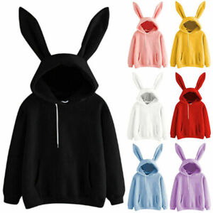 Women Casual Sweatshirt Hoodie Jumper Pullover Tops Solid Bunny Ears Hooded  UK
