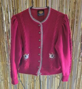 Vtg Lanamoden Salzburg Austrian Pure New Wool Puff Sleeves Cardigan Sweater Red 