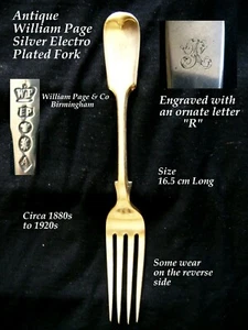 antique William Page & Co silver plated fork C1880- 1920 engraved curly script R - Picture 1 of 7
