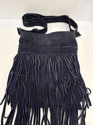 Bolso Bandolera De Colección Azul Gamuza Flecos Hecho en México Boho Hippie Estilo Occidental Foto 1 de 4