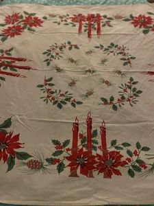 Vintage Christmas Tablecloth Cotton Candles & Poinsettia 50” X 46” - Picture 1 of 6