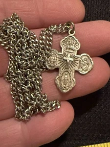 Vintage Sterlingsilber 4 Wege Kreuz Anhänger & Original 24" Edelstahl Kette - Bild 1 von 6
