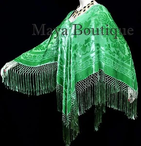 Green Silk Burnout Velvet Poncho Fringe Top Shawl Hand Dyed Maya Matazaro - Picture 1 of 11