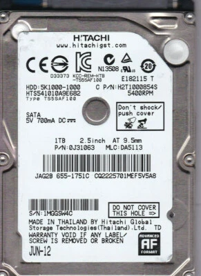 HTS541010A9E662 mlc: DA5113 p/n: 0J31063 FW: JA0AB5D0 Hitachi Thailand 1TB C7-31 - Image 1 of 2