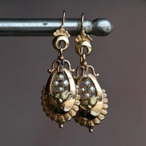 Victorian Earrings 9ct Yellow Rolled Gold 45mm Pearl Drops Valentine Gift - Picture 1 of 14