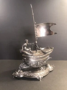 Antik WMF versilbert Tintenstrahl/Deutschland C.1910/Segelboot/Delfin/Tintenständer - Bild 1 von 12