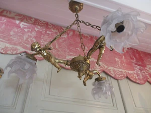 Stunning Vintage Antique French CHERUBS Putti CHANDELIER Bronze/Gilded Brass - Picture 1 of 11