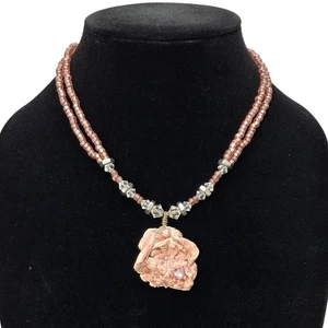 Pink Rose Pendant Necklace Two Strand Seed Bead Crystal Accent Toggle Clasp - Picture 1 of 6