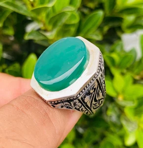 Green Haqeeq, Big Agate Ring, Sabz Aqeeq Ring, Aqeeq Xmas, Silver 925, Gift Ring - Picture 1 of 10