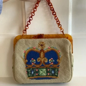 Vintage 1950’s Needlepoint Purse Spectacular Jeweled Crown Theme W/ Lucite Trim - Picture 1 of 15