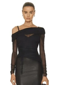 Jonathan Simkhai Womens Nia Black Mesh Ruched Blouse Top Off The Shoulder Sz XS - Picture 1 of 6