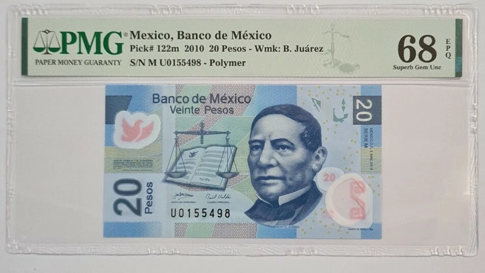 2010 MEXICO 20 Pesos PMG68 EPQ SUPERB GEM UNC【P-122m】 'Polymer' - Image 1 of 3