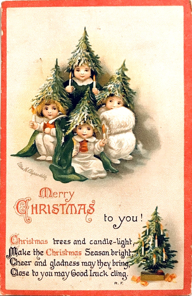 Velas encendidas de colección Clapsaddle niños árbol de Navidad concurso A/S PC Emb c1915 Foto 1 de 4