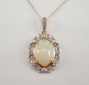 Yellow Gold Opal and Diamond Pendant Necklace 18 inch Chain October Gemstone - Picture 1 of 5