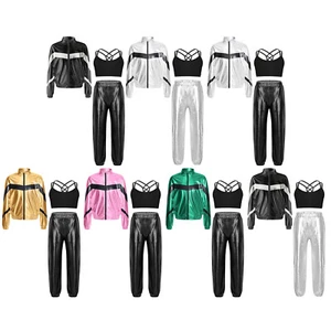 Kids Girls Dance Outfits Modern Sports Set Criss Cross Back Jacket Jazz Bomber - Picture 1 of 48