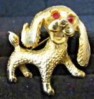VINTAGE Floppy Ear Dog Red Crystal Eyes Gold Plated Metal Brooch Cocker Spaniel