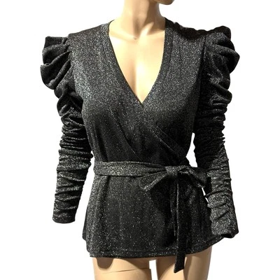 Top Walter Baker Marwin True Wrap Negro Plata Brillante Talla M Manga Acanalada Nuevo con Etiquetas Foto 1 de 4