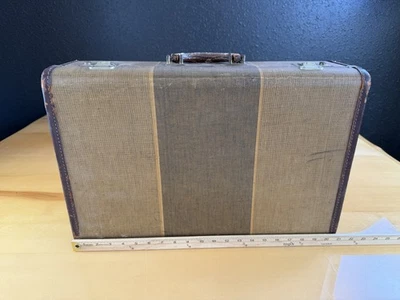 Maleta equipaje cierre a presión vintage de cuero tweed corona años 30 40 50 Foto 1 de 4