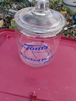 Vintage Enjoy Tom’s Toasted Peanuts Glass Jar BLUE Logo w/Lid *READ* - Image 1 of 4