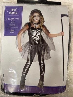 Parca Esqueleto Niña Grande Niños Halloween Disfraz Vestido Capa Leggings Foto 1 de 2