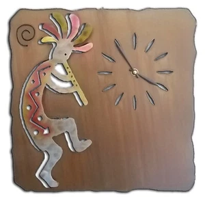 Kokopelli Flute, Southwest Cut Out Clock, Sunset Swirl Finish, Steel, Metal Wall - Picture 1 of 6