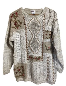 Vtg Grandma Knit Sweater Size L Oversized CottageCore 90s Chunky 3D Floral - Picture 1 of 11