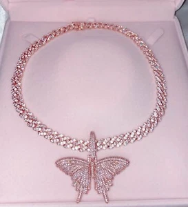 pink/ rosegold Butterfly cuban choker chain ,butterfly necklace , pink bling ice - Picture 1 of 12