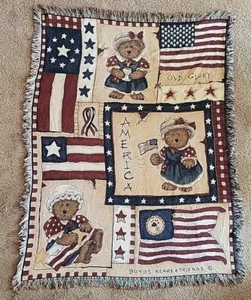 Patriotic Boyds Bears & Friends Tapestry Throw Blanket Vtg Flag USA America SEE  - Picture 1 of 21