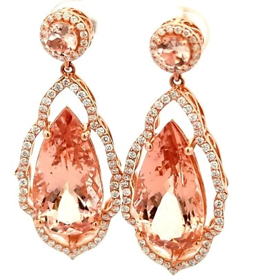 Video 20.95CT 14K Rose Gold Natural Morganite Diamond Drop Earrings Italian  - Image 1 of 4