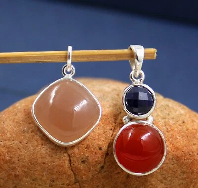 Set di pendenti combinati in argento sterling 925 con pietre di luna color pe... - Immagine 1 di 4