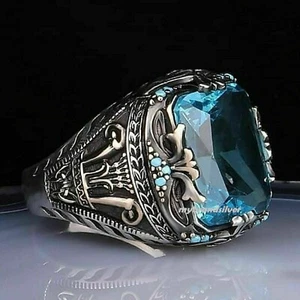 Solid 925 Sterling Silver Handmade Jewelry Aquamarine Men's Ring All Size - Picture 1 of 3
