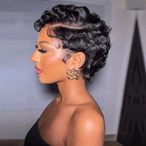100% Human Hair Wigs For Women Pixie Cut Human Hair Finger Wave Wig - Picture 1 of 6