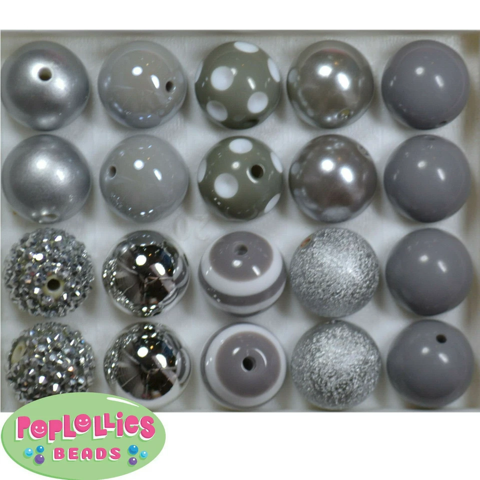Estilos mixtos de cuentas de chicle grueso acrílico gris/plateado 20 mm 20 piezas Foto 1 de 1