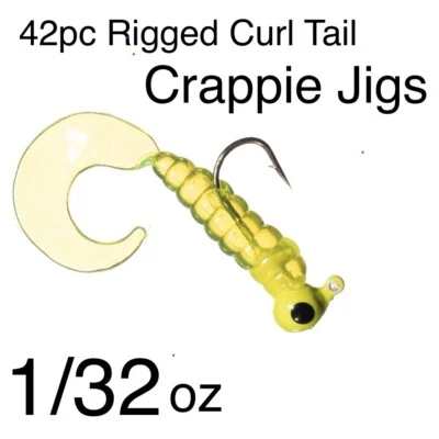 42 предварительно смонтированные головки для краппи Chartreuse Curl Tail Grub 1/32 унции от Arkie - Изображение 1 из 3