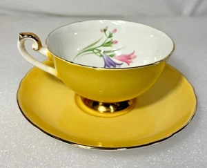 Shelley England FREESIA Tea Cup Saucer Bright Yellow Floral Gold Trim - Picture 1 of 14