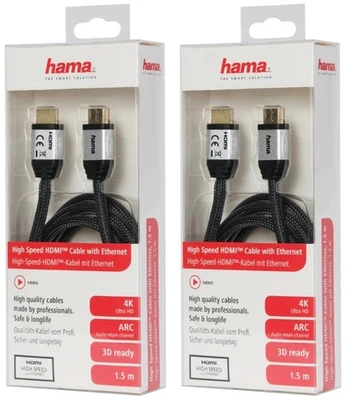 2x PACK Hama HQ HDMI-Kabel 1,5m 2.0b Gewebe Vergoldet 4K UHD HD TV HDR 3D ARC 3D - Bild 1 von 3