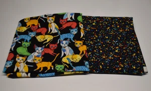 2 piece cotton fabric lot RAINBOW SPLATTER DOTS cats kitty feline 1/2 YARD + FQ - Picture 1 of 7