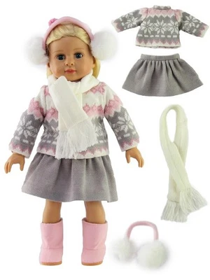 Grey And Pink Sweater Skirt Set Earmuffs Fits 18" American Girl Doll Clothing